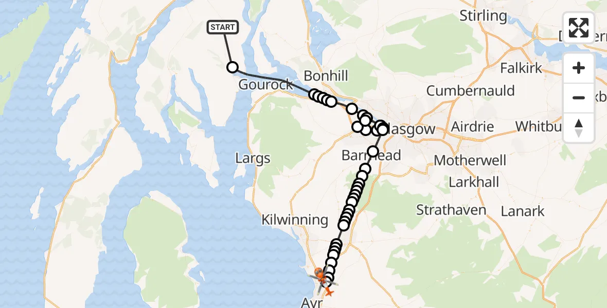 Flight route Coastguard Helicopter Loch Eck - Glasgow Prestwick Airport, 18 May 2026, 07:27