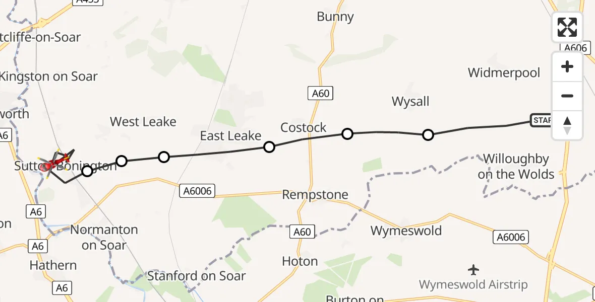 Flight route Air Ambulance Helicopter Willoughby on the Wolds - Sutton Bonington, 18 May 2026, 07:29