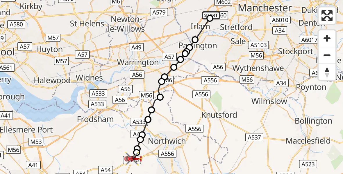 Flight route Air Ambulance Helicopter Manchester Barton Aerodrome - Sandiway, 18 May 2026, 08:04