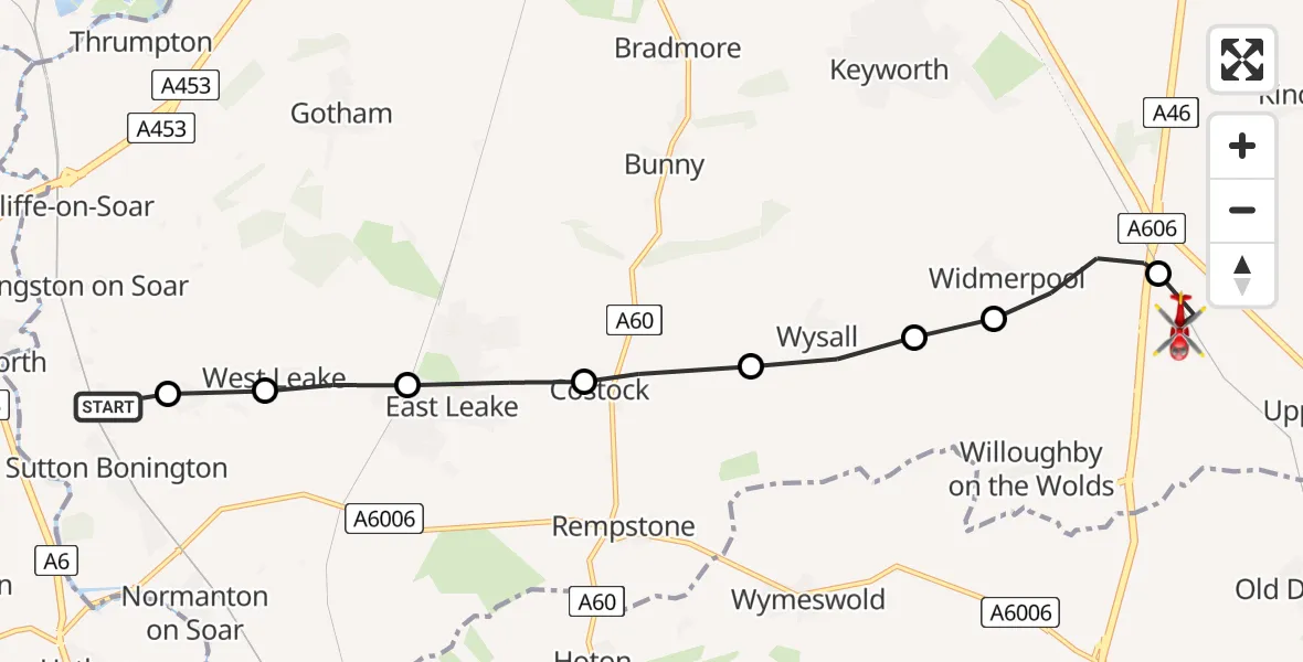 Flight route Air Ambulance Helicopter Sutton Bonington - Nottingham Heliport, 18 May 2026, 08:14