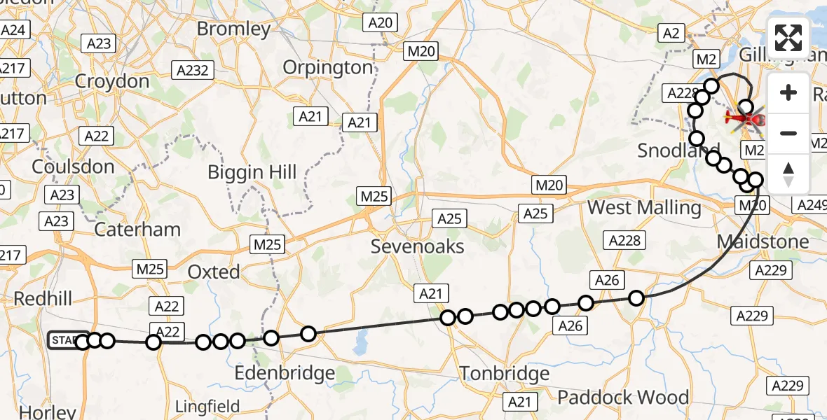 Flight route Air Ambulance Helicopter Redhill Aerodrome - Rochester Airport, 18 May 2026, 08:19