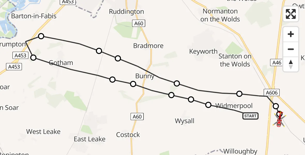 Flight route Air Ambulance Helicopter Widmerpool - Nottingham Heliport, 18 May 2026, 08:29