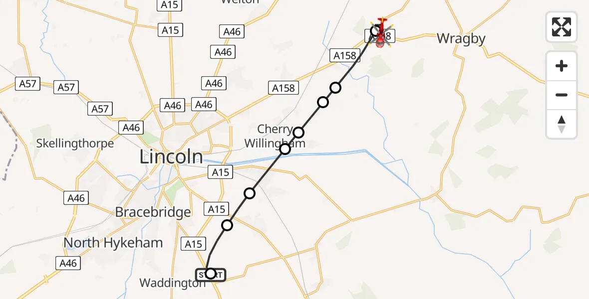 Flight route Air Ambulance Helicopter RAF Waddington - West Lindsey, 18 May 2026, 08:50