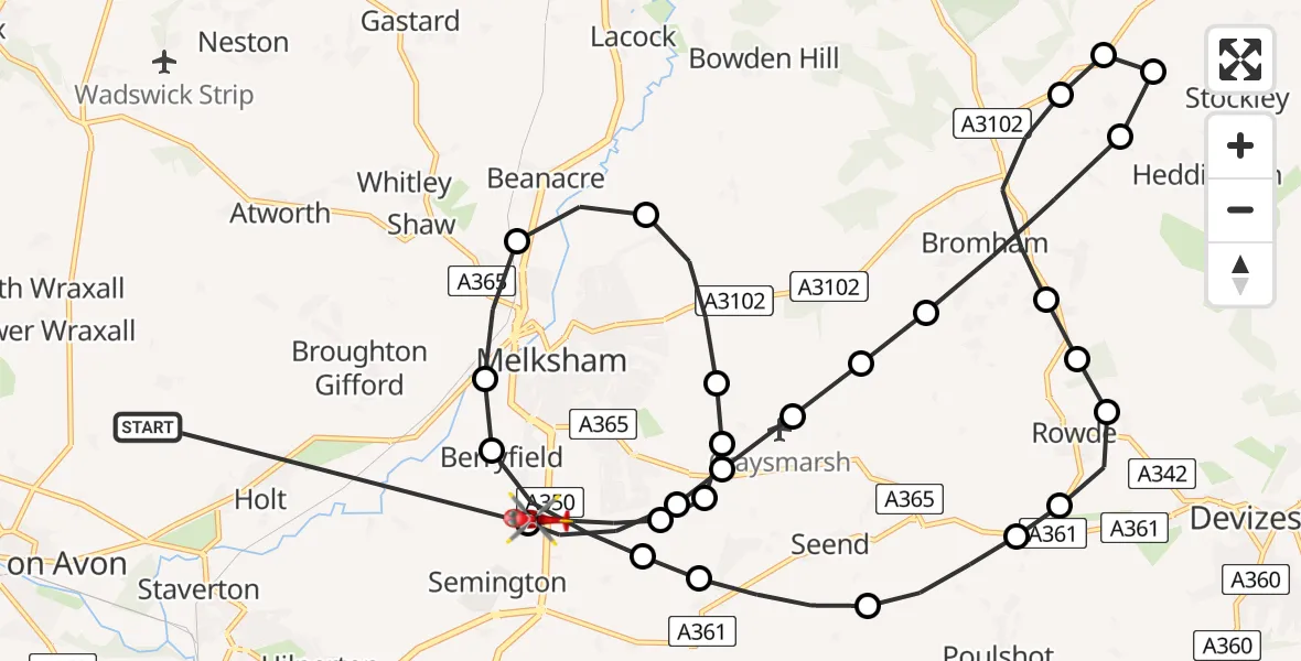Flight route Air Ambulance Helicopter Lower Wraxall - Melksham, 18 May 2026, 08:51
