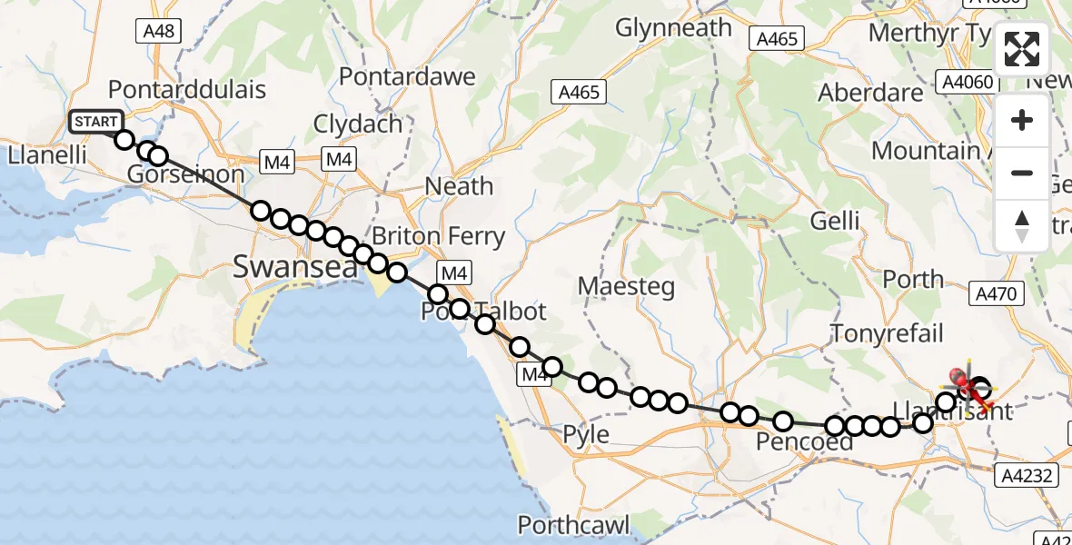 Flight route Air Ambulance Helicopter Dafen - Beddau, 18 May 2026, 08:59