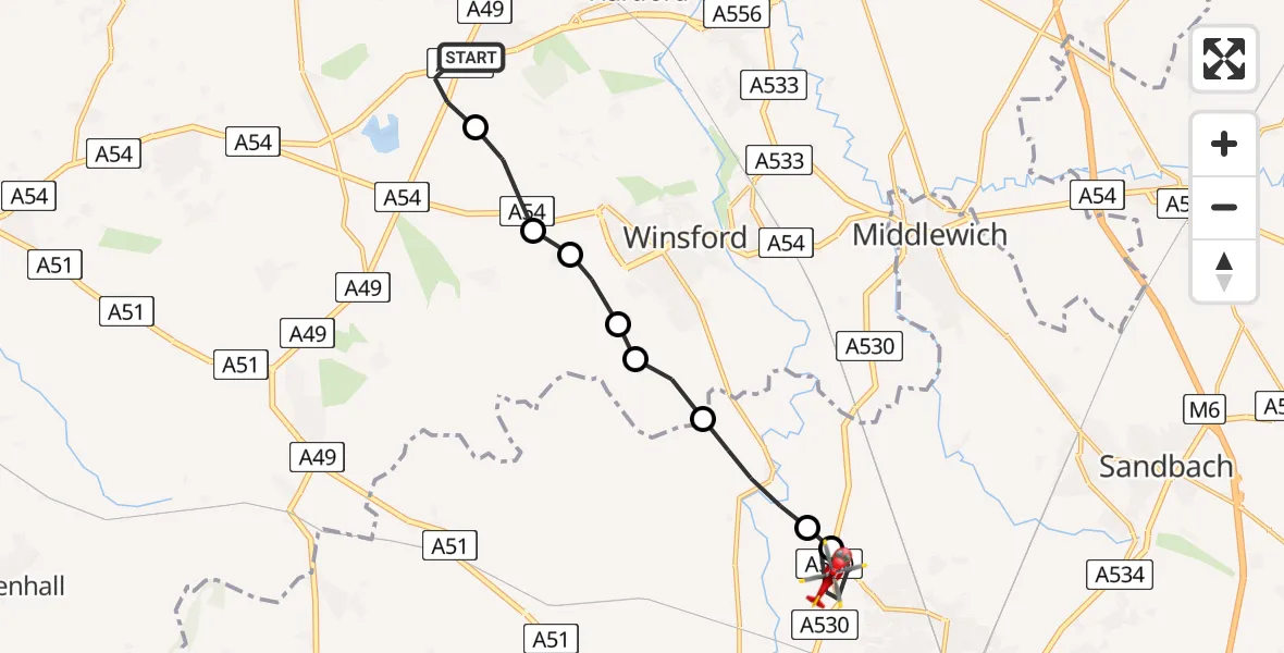 Flight route Air Ambulance Helicopter Sandiway - Bradfield Green, 18 May 2026, 08:59