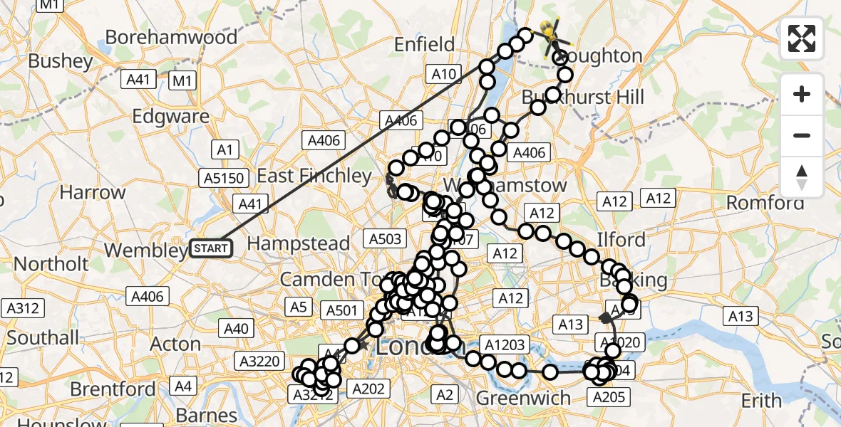 Flight route Police Helicopter Dollis Hill - Metropolitan Police Air Support Unit Lippitts Hill, 18 May 2026, 09:05