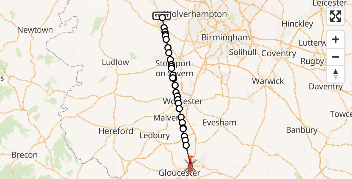 Flight route Air Ambulance Helicopter Ackleton - Tewkesbury, 18 May 2026, 09:18