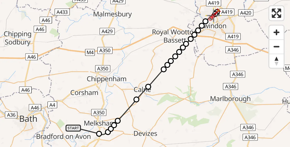 Flight route Air Ambulance Helicopter Lower Wraxall - Swindon, 18 May 2026, 09:21