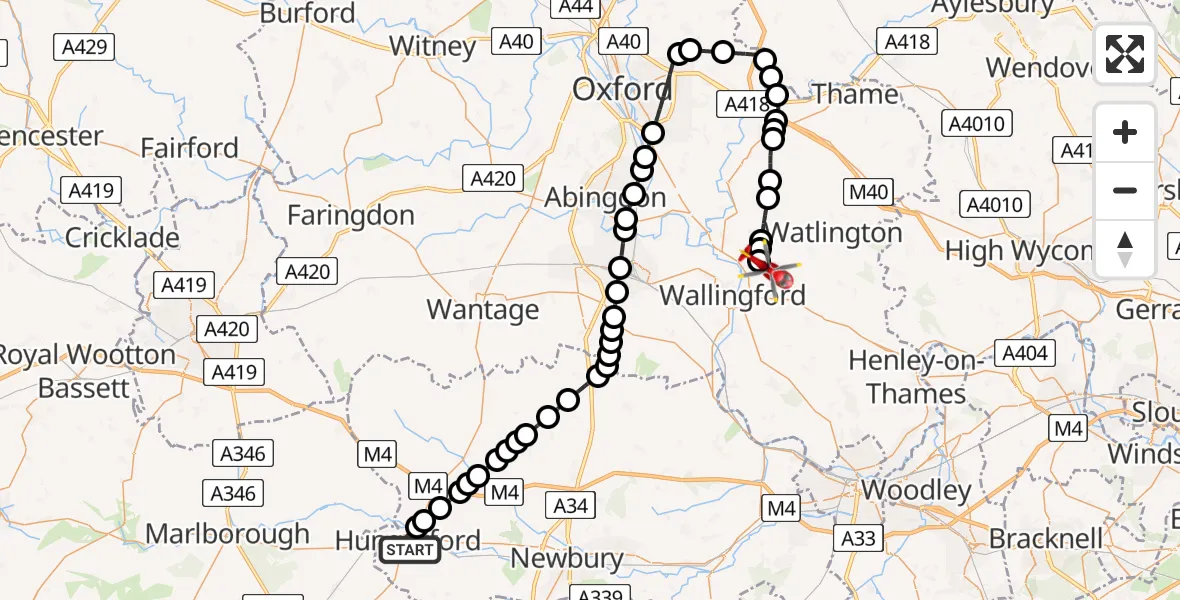 Flight route Air Ambulance Helicopter Hungerford - RAF Benson, 18 May 2026, 09:24