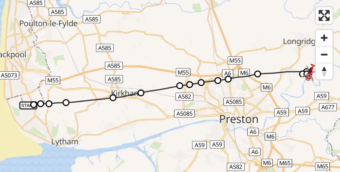 Flight route Air Ambulance Helicopter Blackpool Airport - Longridge, 18 May 2026, 09:33