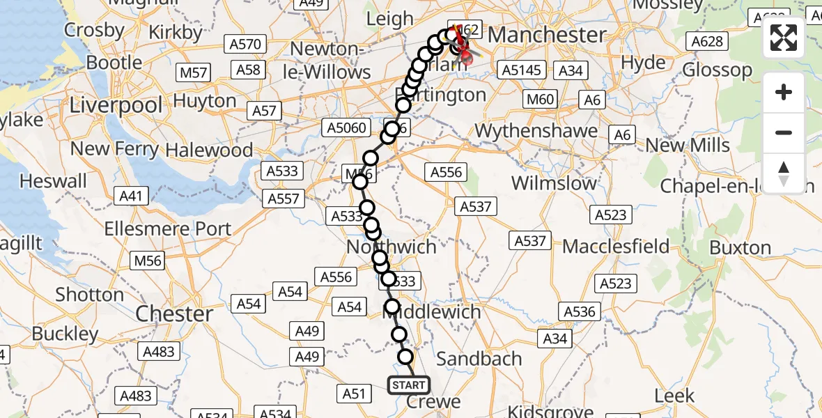 Flight route Air Ambulance Helicopter Bradfield Green - Manchester Barton Aerodrome, 18 May 2026, 09:41