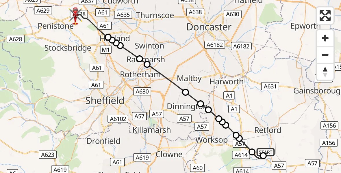 Flight route Air Ambulance Helicopter Retford Gamston Airport - Barnsley, 18 May 2026, 09:41