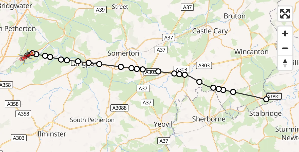Flight route Air Ambulance Helicopter Henstridge Airfield - East Lyng, 18 May 2026, 09:47