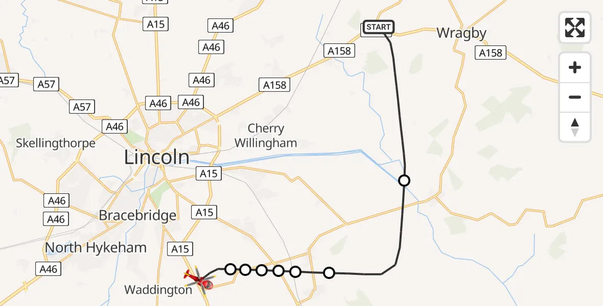 Flight route Air Ambulance Helicopter West Lindsey - North Kesteven, 18 May 2026, 09:50