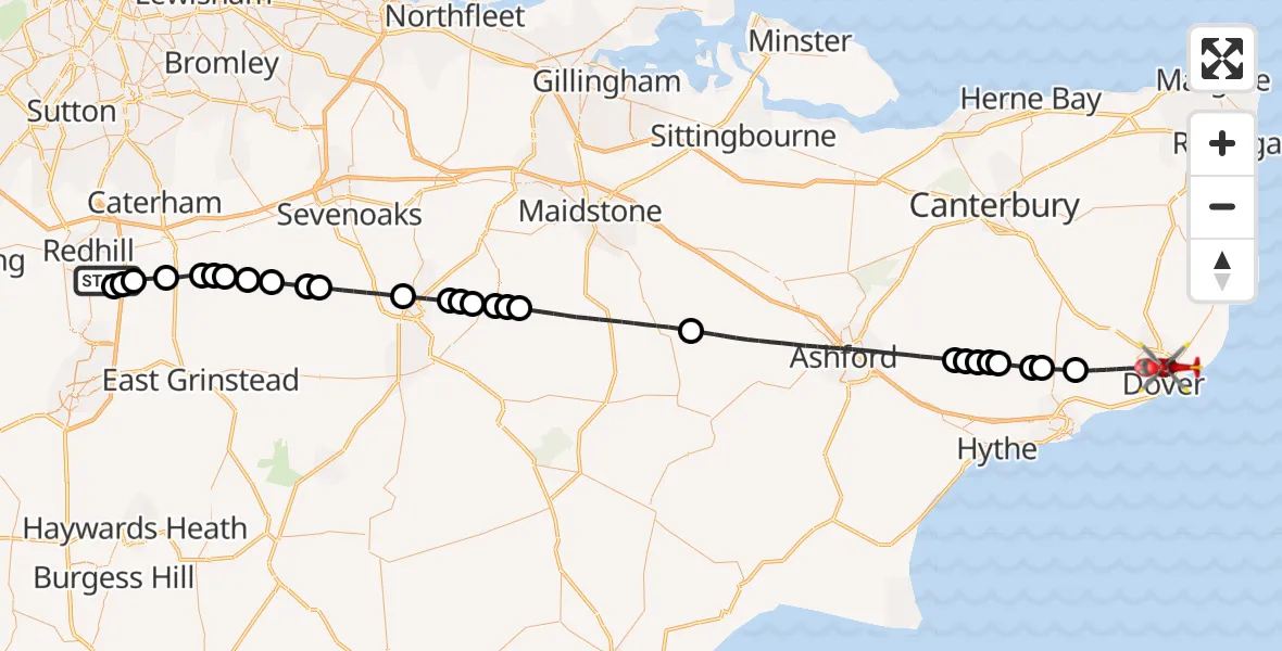 Flight route Air Ambulance Helicopter Redhill Aerodrome - Dover, 18 May 2026, 09:52