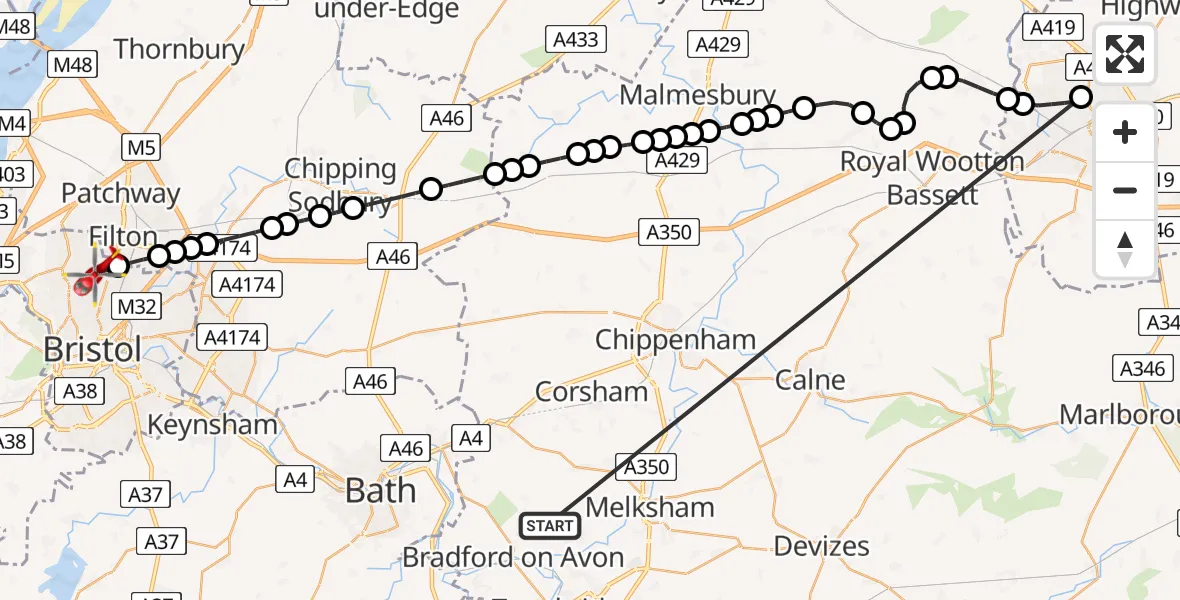 Flight route Air Ambulance Helicopter Lower Wraxall - Bristol, 18 May 2026, 09:59