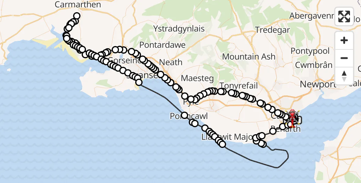 Flight route Air Ambulance Helicopter Cardiff Heliport - Cardiff Heliport, 18 May 2026, 10:04