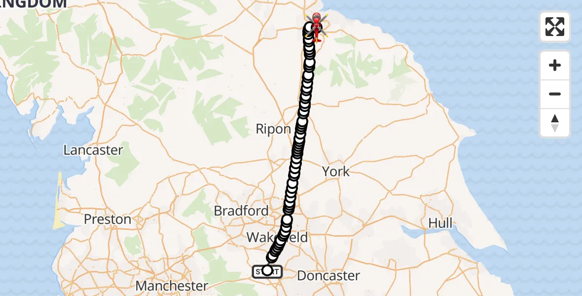 Flight route Air Ambulance Helicopter Barnsley - James Cook University Hospital, 18 May 2026, 10:17