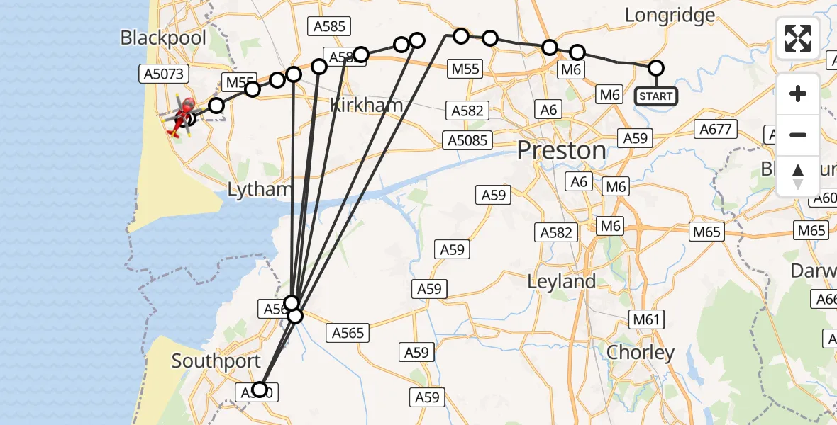 Flight route Air Ambulance Helicopter Preston - Blackpool Airport, 18 May 2026, 10:18