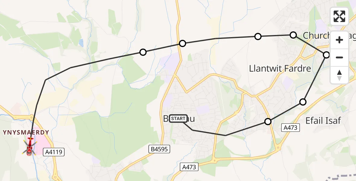 Flight route Air Ambulance Helicopter Beddau - Llantrisant, 18 May 2026, 10:25