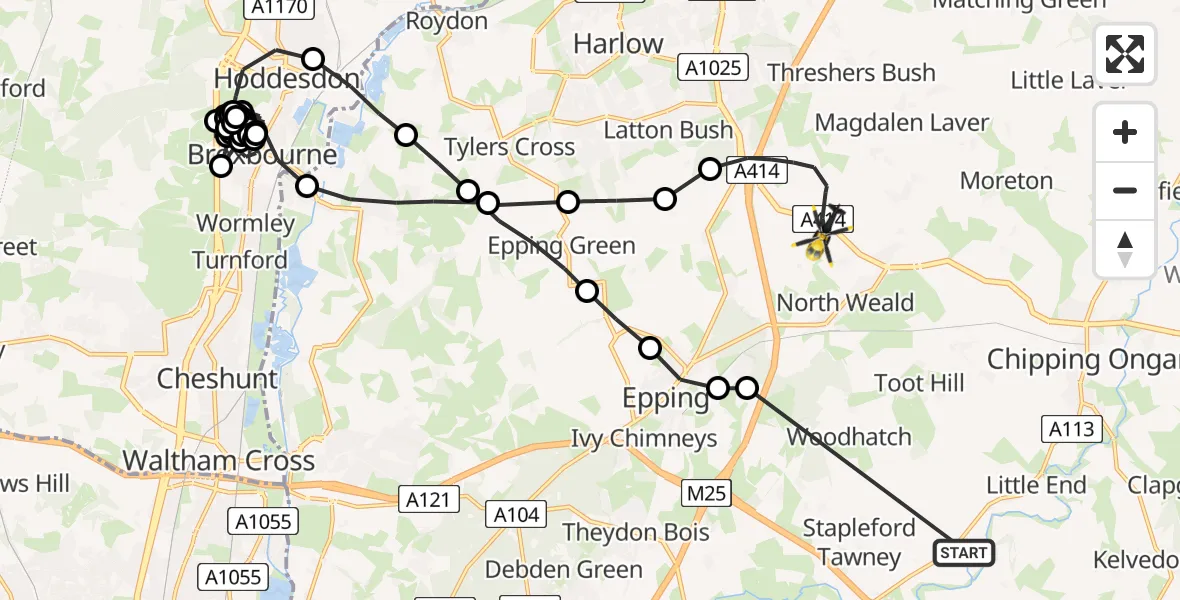 Flight route Police Helicopter Stanford Rivers - North Weald Bassett, 18 May 2026, 10:36