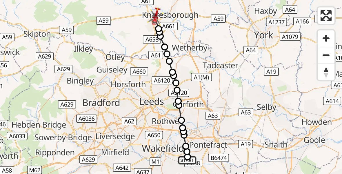 Flight route Air Ambulance Helicopter YAA Nostell Helicopter Port - Harrogate, 18 May 2026, 10:44