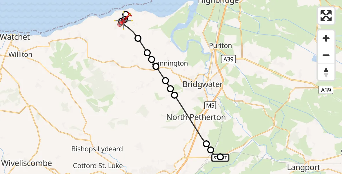 Flight route Air Ambulance Helicopter Taunton - Bridgwater, 18 May 2026, 10:47
