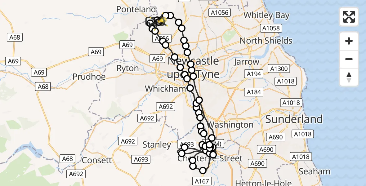 Flight route Police Helicopter Newcastle International Airport - Woolsington, 18 May 2026, 10:53