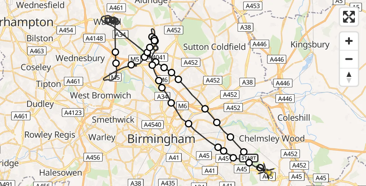 Flight route Police Helicopter Garretts Green - Birmingham Airport, 18 May 2026, 10:56
