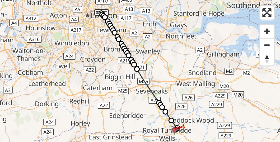 Flight route Air Ambulance Helicopter Royal London Hospital - Pembury, 18 May 2026, 10:57