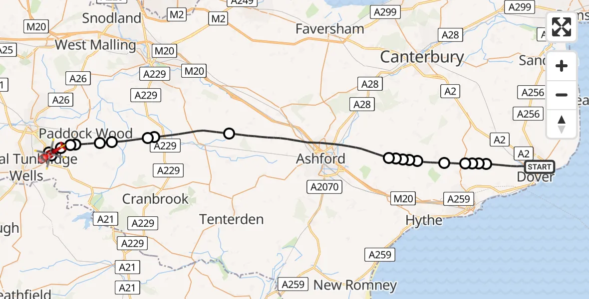 Flight route Air Ambulance Helicopter Dover - Pembury, 18 May 2026, 11:08