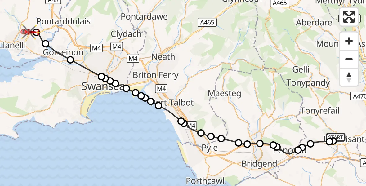 Flight route Air Ambulance Helicopter Royal Glamorgan Hospital Heliport - Dafen, 18 May 2026, 11:19