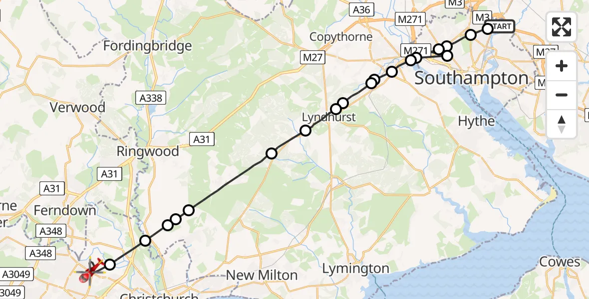 Flight route Air Ambulance Helicopter Mansbridge - Bournemouth, 18 May 2026, 11:27