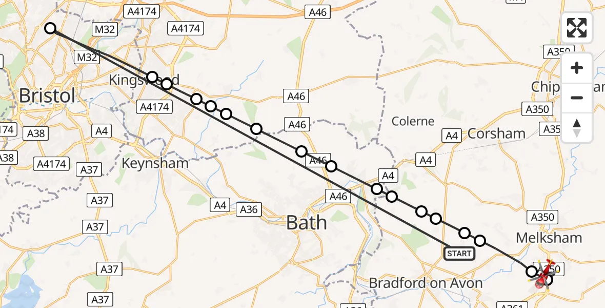 Flight route Air Ambulance Helicopter Lower Wraxall - Wiltshire Air Ambulance, 18 May 2026, 11:28