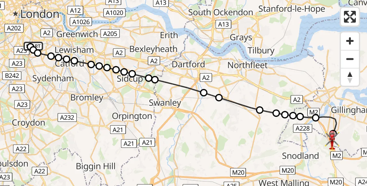 Flight route Air Ambulance Helicopter Kings College London Hospital - Rochester Airport, 18 May 2026, 11:50