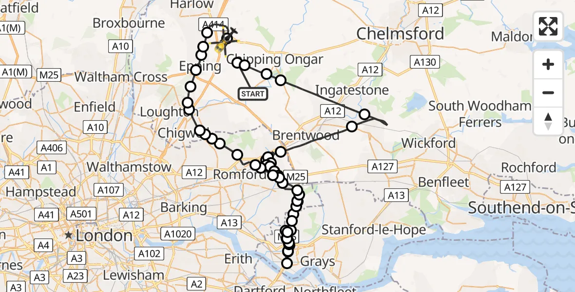 Flight route Police Helicopter Stanford Rivers - North Weald Airfield, 18 May 2026, 12:02