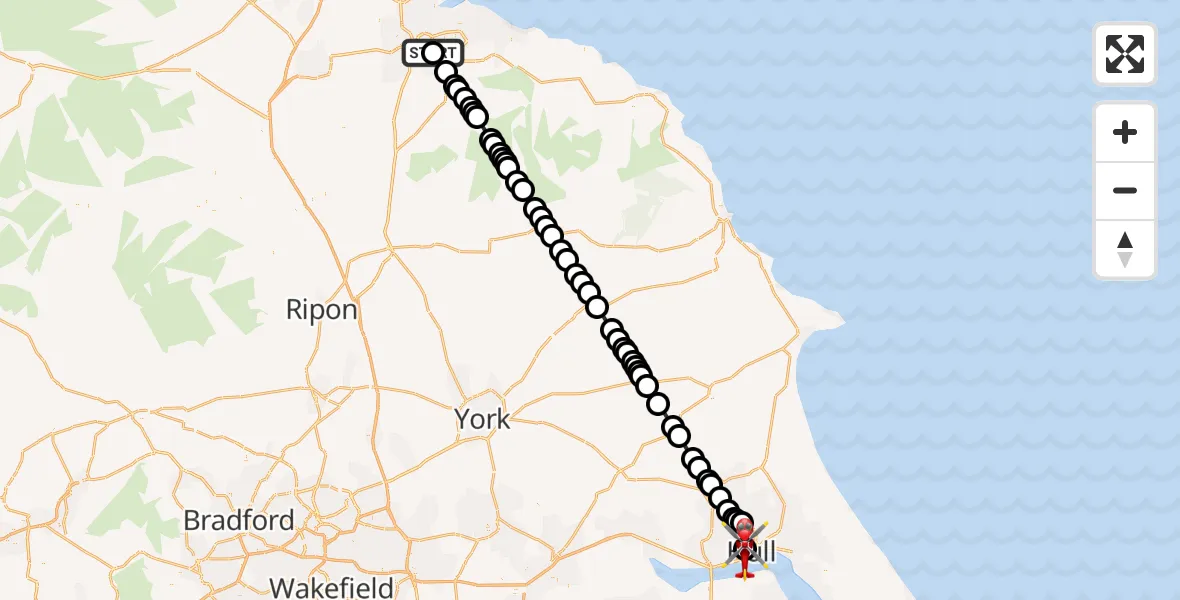 Flight route Air Ambulance Helicopter James Cook University Hospital - Hull Royal Infirmary, 18 May 2026, 12:03