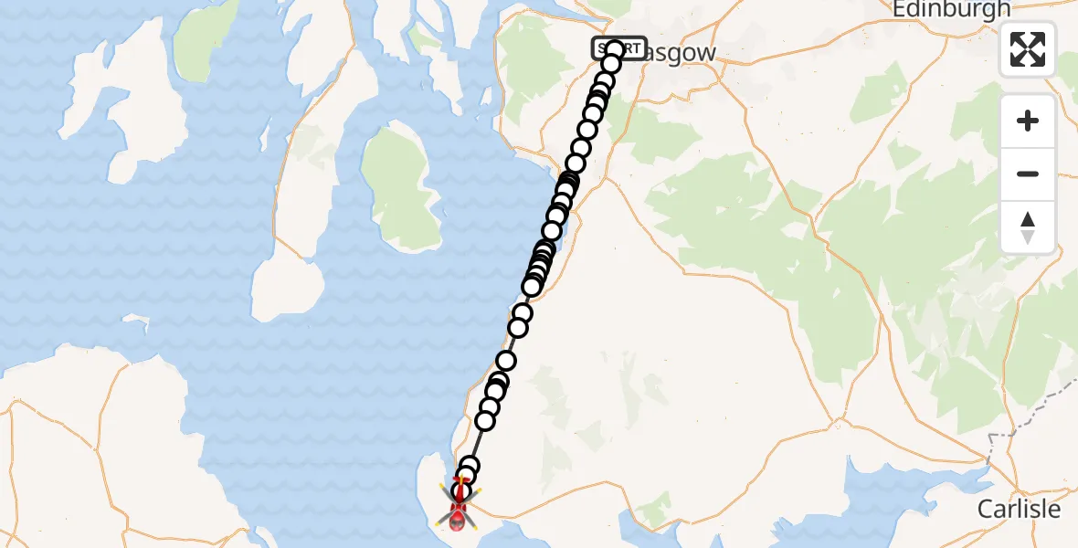 Flight route Air Ambulance Helicopter Glasgow Airport - Stranraer, 18 May 2026, 12:06