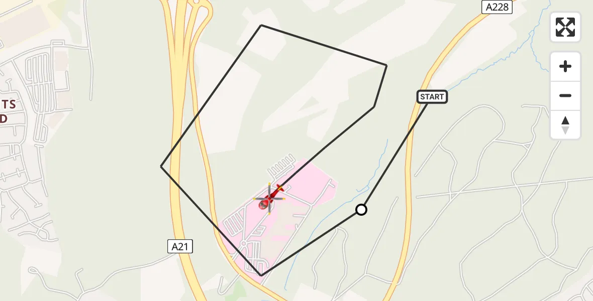 Flight route Air Ambulance Helicopter Pembury - Royal Tunbridge Wells, 18 May 2026, 12:11