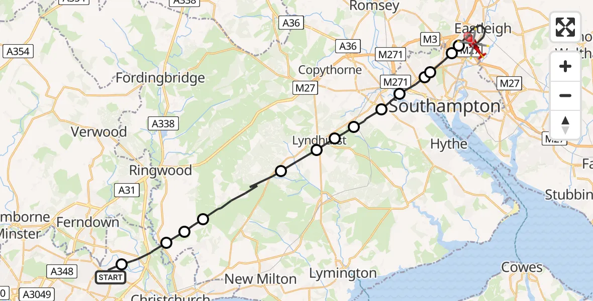 Flight route Air Ambulance Helicopter Bournemouth - Eastleigh, 18 May 2026, 12:12