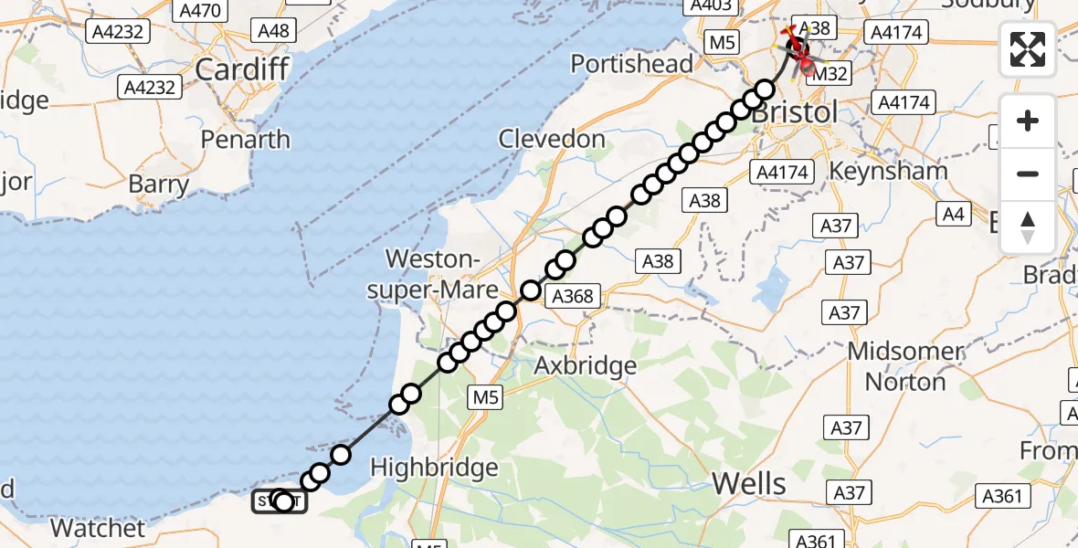Flight route Air Ambulance Helicopter Stogursey - Bristol, 18 May 2026, 12:12