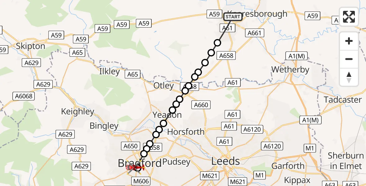 Flight route Air Ambulance Helicopter Harrogate - Trident, 18 May 2026, 12:14
