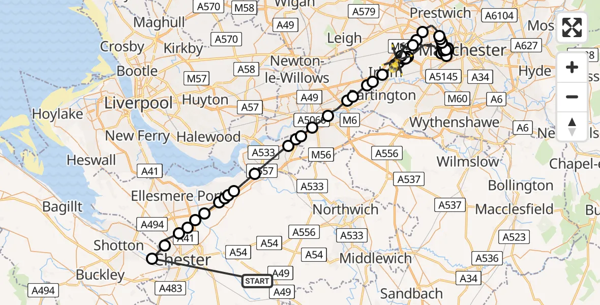 Flight route Police Helicopter Clotton - Manchester Barton Aerodrome, 18 May 2026, 12:22