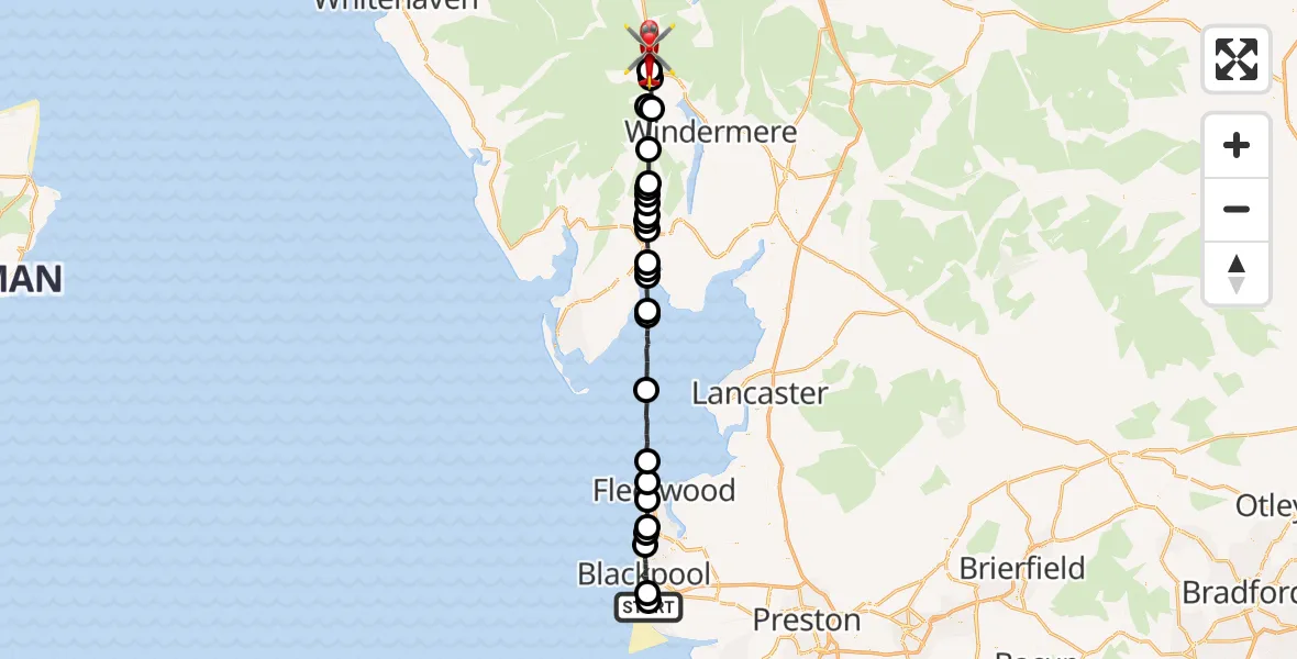 Flight route Air Ambulance Helicopter Blackpool Airport - Lakes, 18 May 2026, 12:36