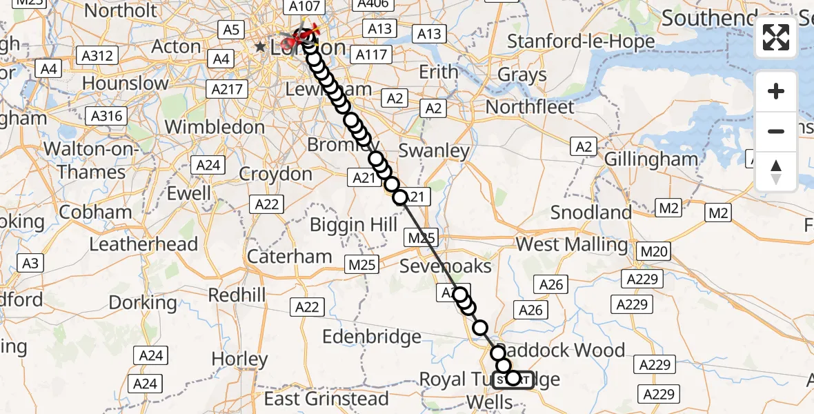 Flight route Air Ambulance Helicopter Tunbridge Wells Hospital Heliport - Royal London Hospital, 18 May 2026, 12:40