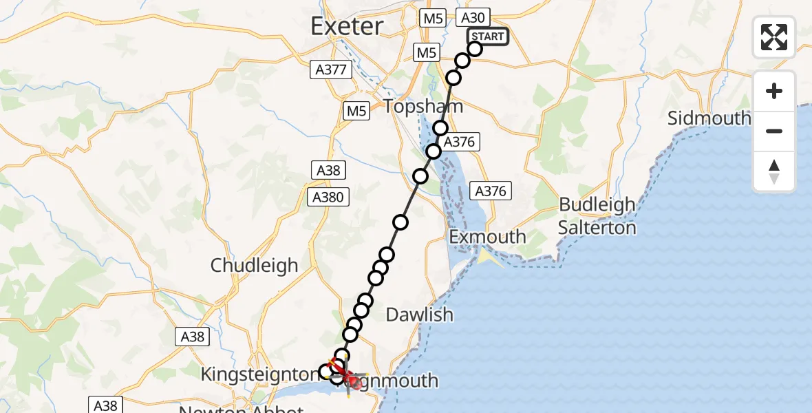 Flight route Air Ambulance Helicopter East Devon - Teignbridge, 18 May 2026, 12:45