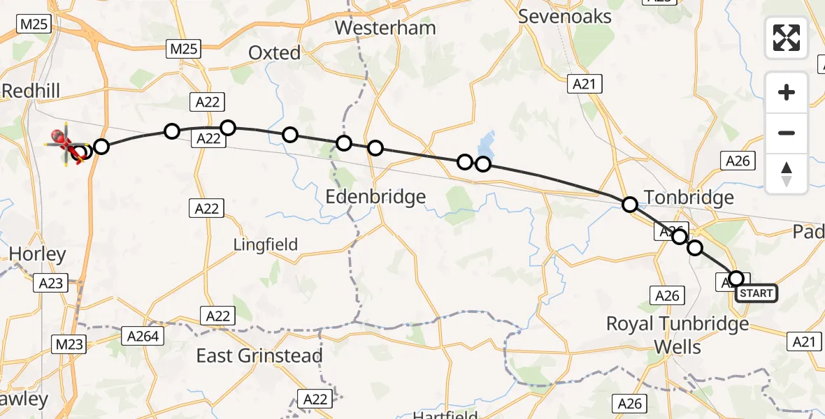 Flight route Air Ambulance Helicopter Pembury - Redhill Aerodrome, 18 May 2026, 12:47