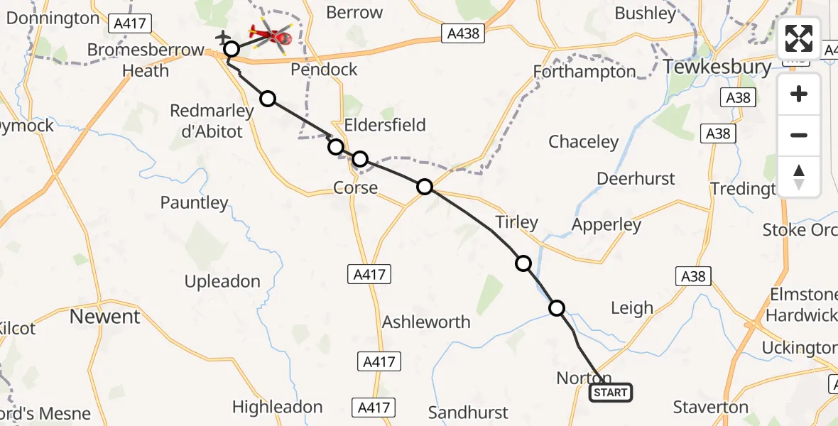 Flight route Air Ambulance Helicopter Tewkesbury - Forest of Dean, 18 May 2026, 13:00