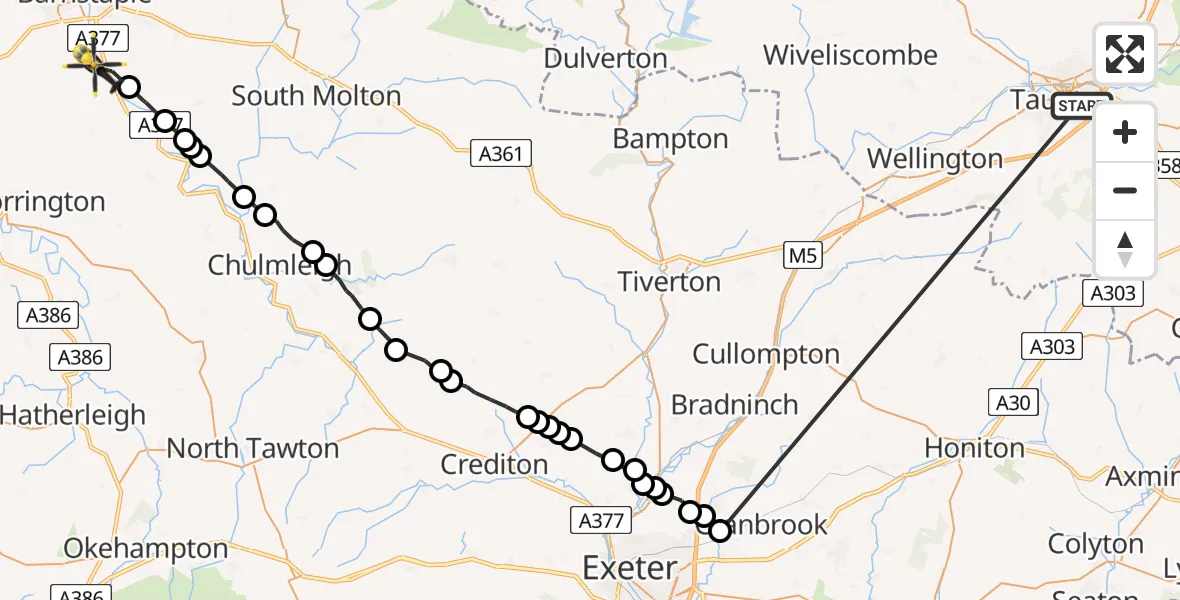 Flight route Police Helicopter Taunton - Tawstock, 18 May 2026, 13:03